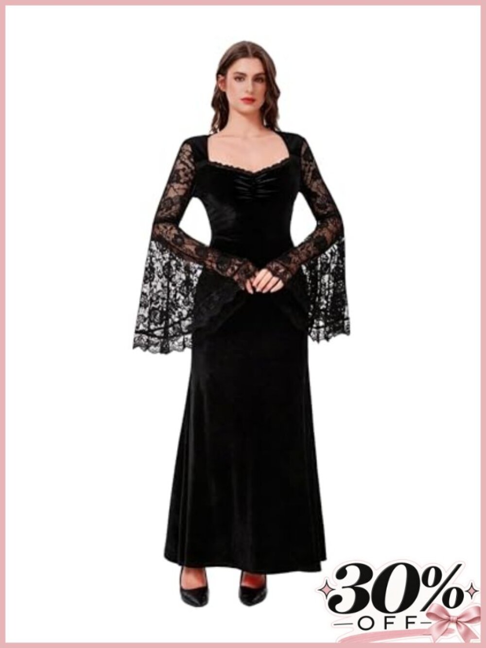 Gothic Velvet Lace Long Sleeve Maxi Dress Halloween Costume